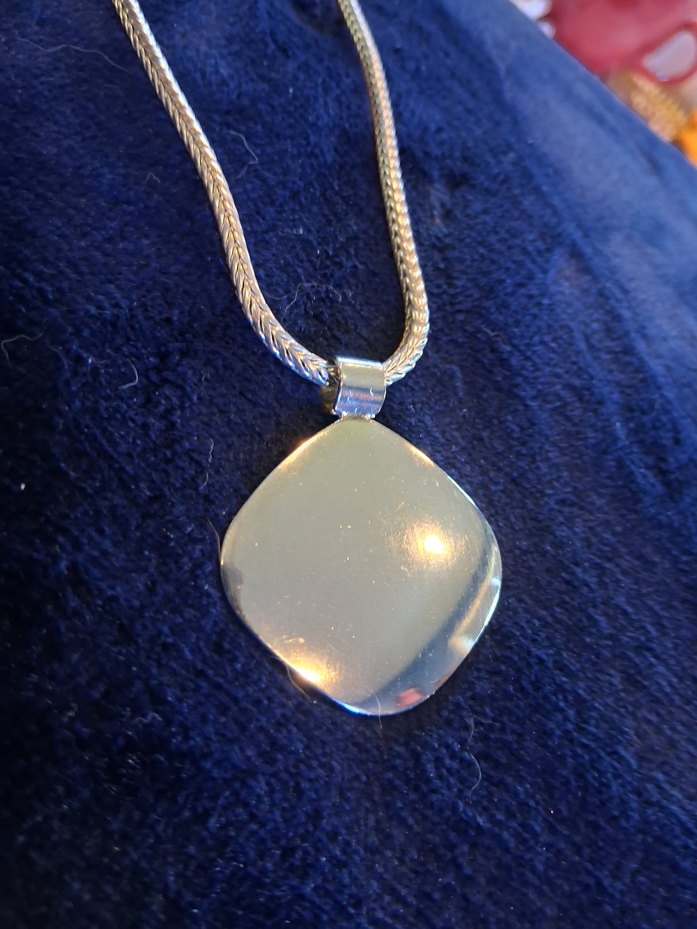 Vintage Polished Silver Square Pendant Woven Chain 10"in. Necklace